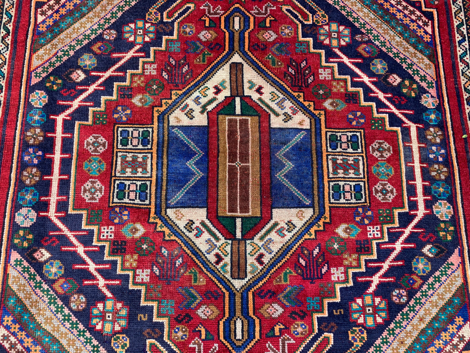 Handgemaakt Perzisch wollen vloerkleed 7x10 - Rood, marineblauw & ivoorkleurig Perzisch tapijt in stamtalige medaillonstijl - Exacte afmetingen 8'10" x 6'2" - KBHM-720