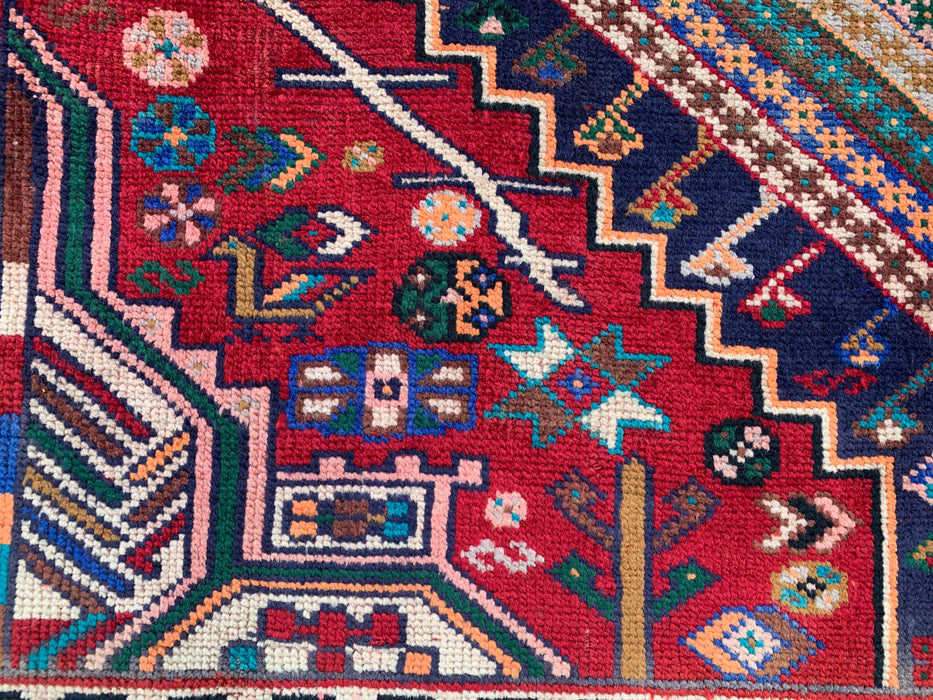 Handgemaakt Perzisch wollen vloerkleed 7x10 - Rood, marineblauw & ivoorkleurig Perzisch tapijt in stamtalige medaillonstijl - Exacte afmetingen 8'10" x 6'2" - KBHM-720