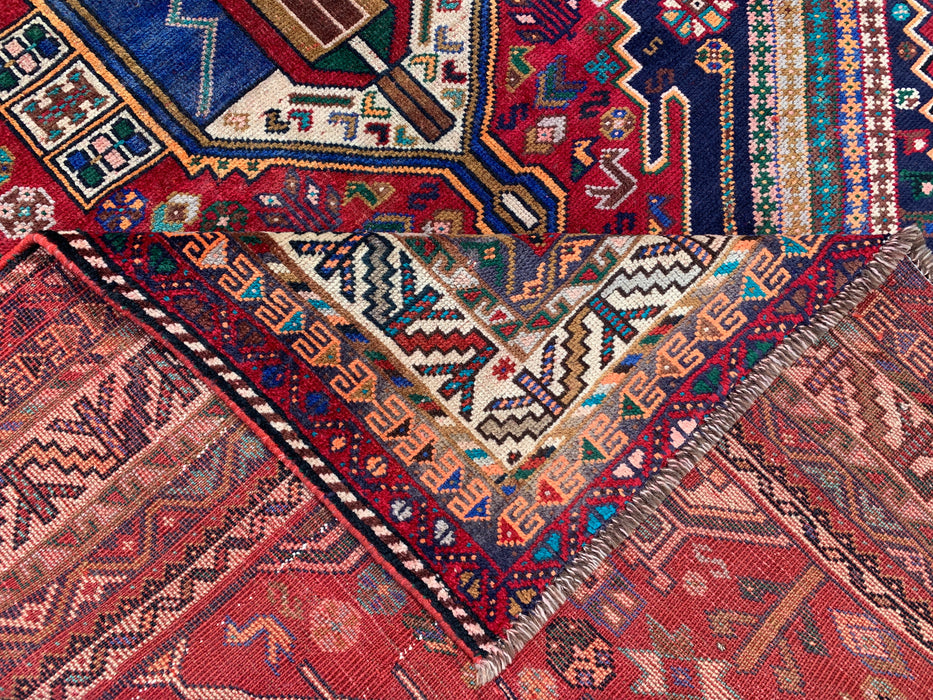 Handgemaakt Perzisch wollen vloerkleed 7x10 - Rood, marineblauw & ivoorkleurig Perzisch tapijt in stamtalige medaillonstijl - Exacte afmetingen 8'10" x 6'2" - KBHM-720