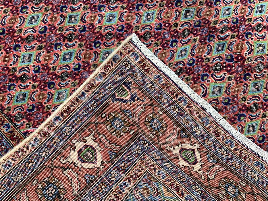Handgemaakt Perzisch wollen vloerkleed 7x10 - Roze, blauw & ivoor vintage medaillon Perzisch stijl kleed - Exacte afmeting 9'5" x 6'4" - KBHM-721