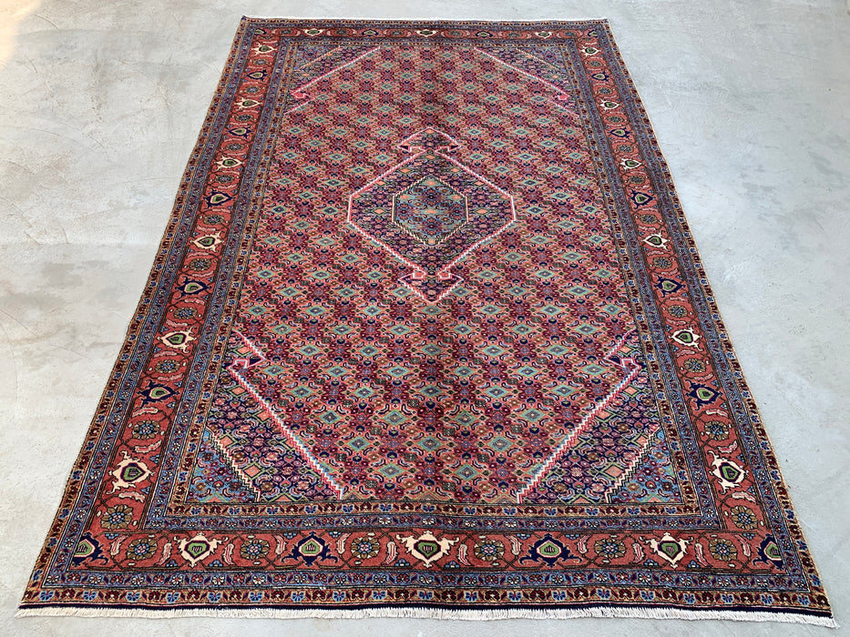 Handgemaakt Perzisch wollen vloerkleed 7x10 - Roze, blauw & ivoor vintage medaillon Perzisch stijl kleed - Exacte afmeting 9'5" x 6'4" - KBHM-721