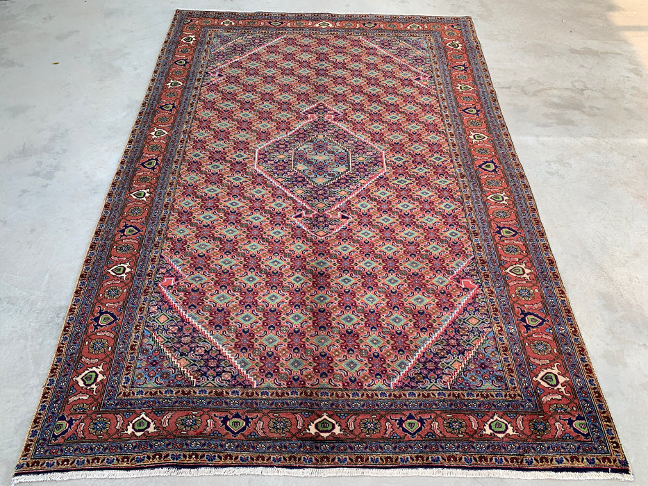 Handgemaakt Perzisch wollen vloerkleed 7x10 - Roze, blauw & ivoor vintage medaillon Perzisch stijl kleed - Exacte afmeting 9'5" x 6'4" - KBHM-721
