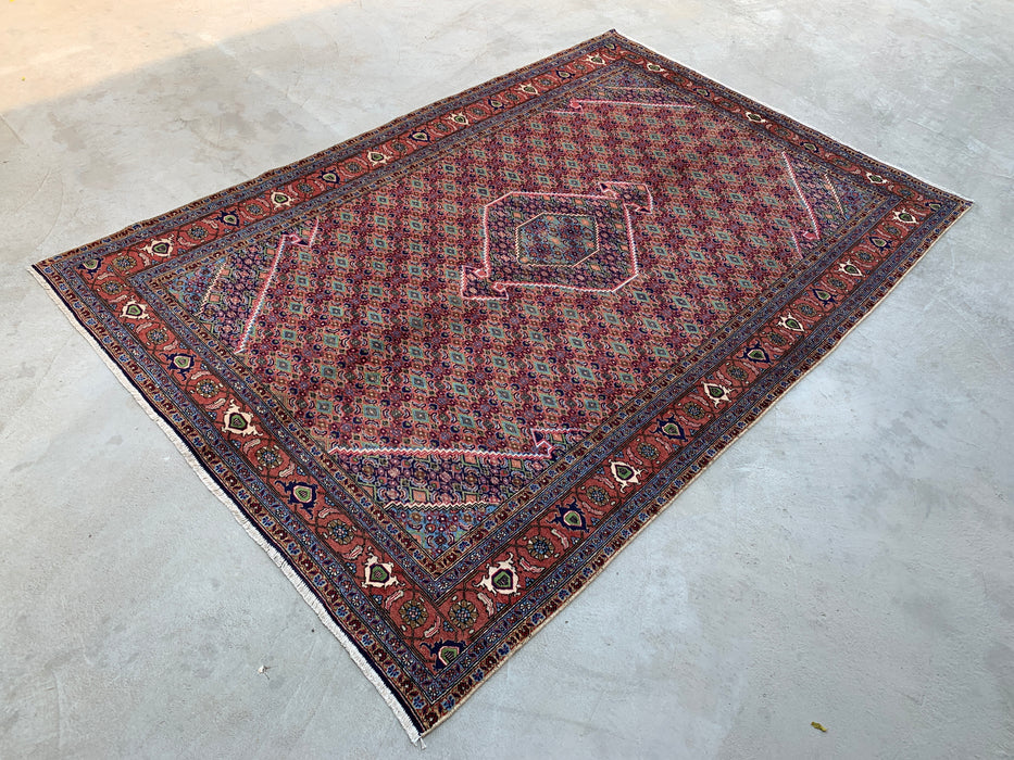 Handgemaakt Perzisch wollen vloerkleed 7x10 - Roze, blauw & ivoor vintage medaillon Perzisch stijl kleed - Exacte afmeting 9'5" x 6'4" - KBHM-721