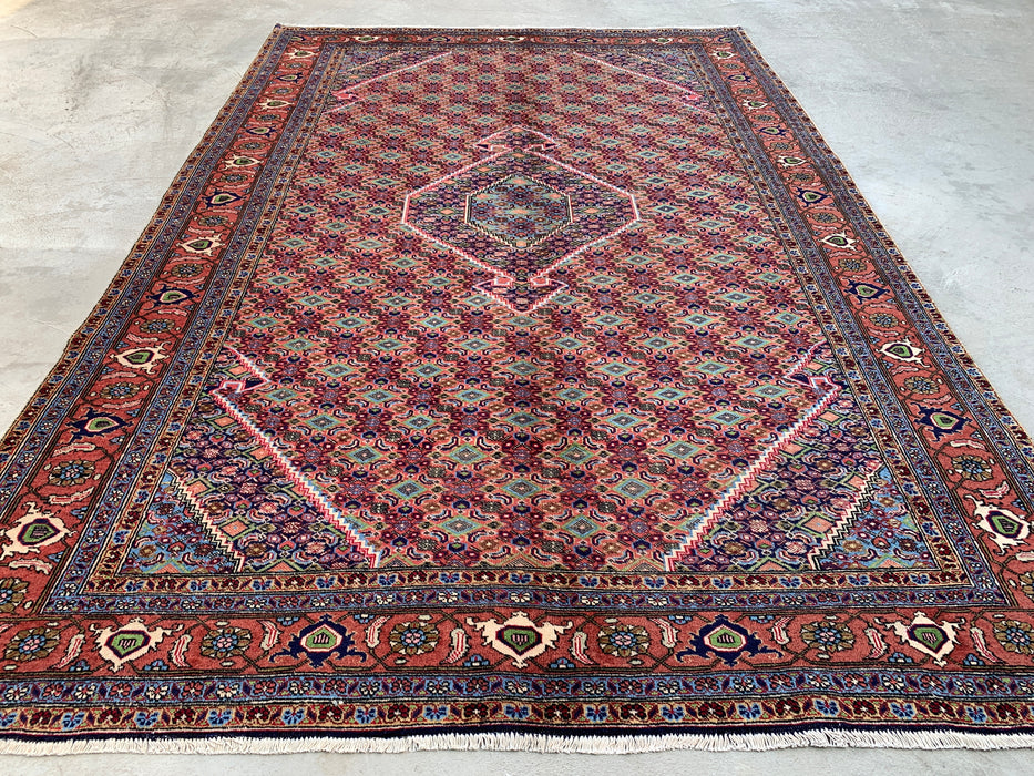 Handgemaakt Perzisch wollen vloerkleed 7x10 - Roze, blauw & ivoor vintage medaillon Perzisch stijl kleed - Exacte afmeting 9'5" x 6'4" - KBHM-721