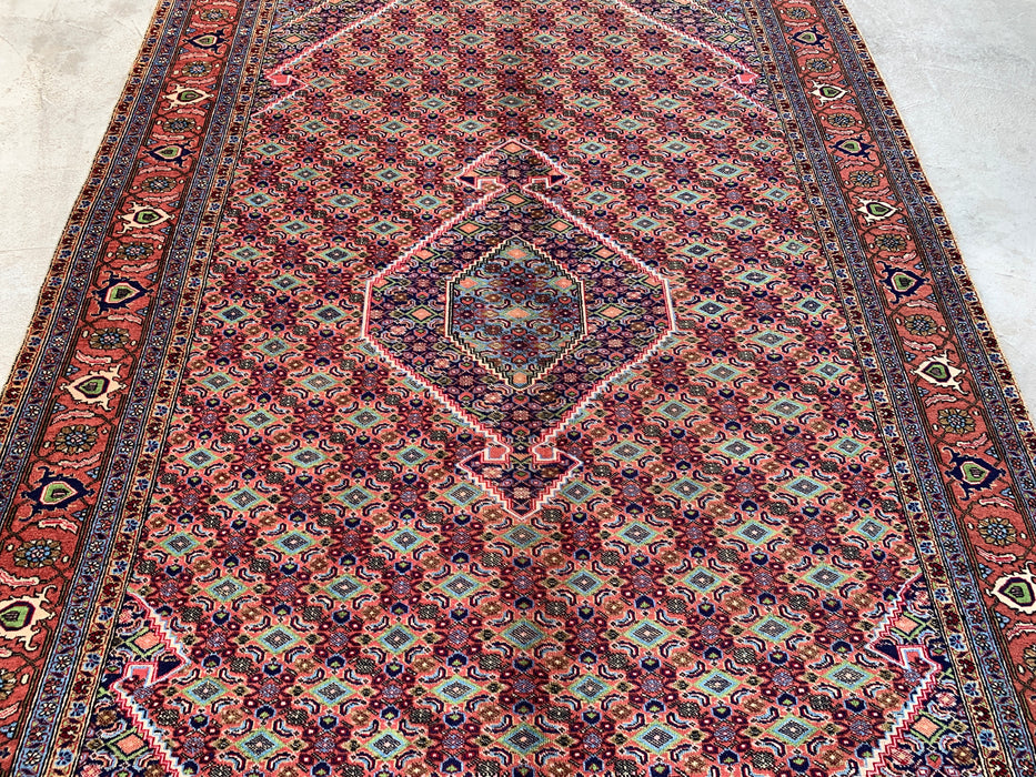 Handgemaakt Perzisch wollen vloerkleed 7x10 - Roze, blauw & ivoor vintage medaillon Perzisch stijl kleed - Exacte afmeting 9'5" x 6'4" - KBHM-721