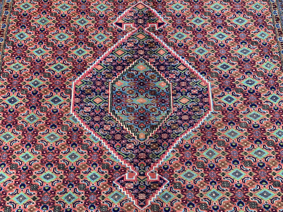 Handgemaakt Perzisch wollen vloerkleed 7x10 - Roze, blauw & ivoor vintage medaillon Perzisch stijl kleed - Exacte afmeting 9'5" x 6'4" - KBHM-721