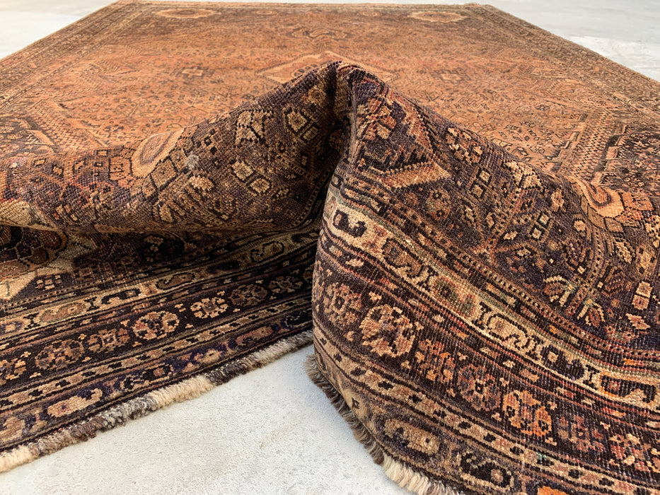Handgemaakt Perzisch wollen vloerkleed 7x10 - Bruin, beige & ivoorkleurig vintage medaillon vloerkleed in Perzische stijl - Exacte afmeting 10'3" x 6'9" - KBHM-722
