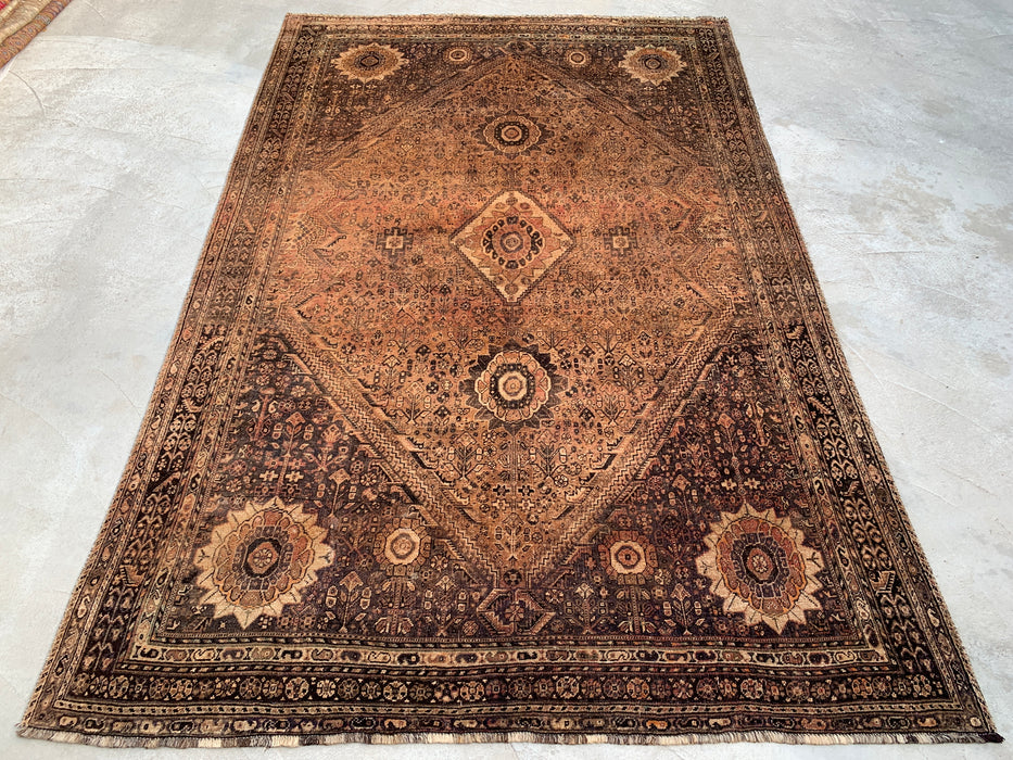 Handgemaakt Perzisch wollen vloerkleed 7x10 - Bruin, beige & ivoorkleurig vintage medaillon vloerkleed in Perzische stijl - Exacte afmeting 10'3" x 6'9" - KBHM-722