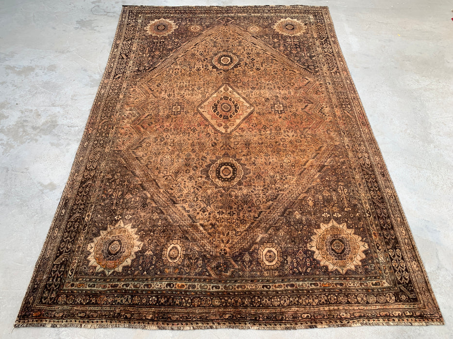 Handgemaakt Perzisch wollen vloerkleed 7x10 - Bruin, beige & ivoorkleurig vintage medaillon vloerkleed in Perzische stijl - Exacte afmeting 10'3" x 6'9" - KBHM-722