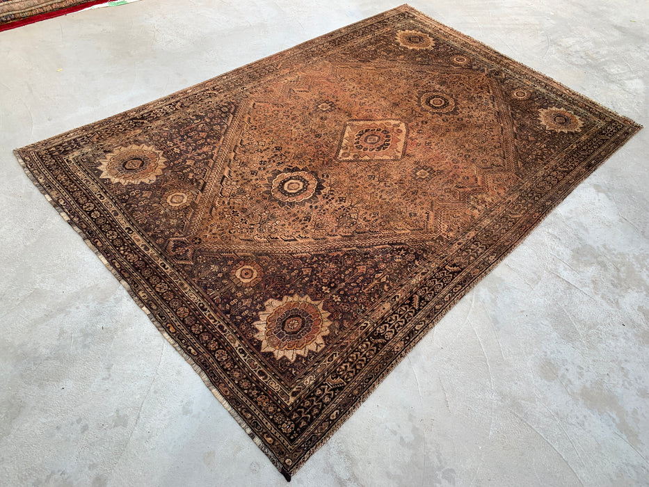 Handgemaakt Perzisch wollen vloerkleed 7x10 - Bruin, beige & ivoorkleurig vintage medaillon vloerkleed in Perzische stijl - Exacte afmeting 10'3" x 6'9" - KBHM-722