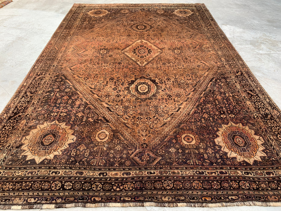 Handgemaakt Perzisch wollen vloerkleed 7x10 - Bruin, beige & ivoorkleurig vintage medaillon vloerkleed in Perzische stijl - Exacte afmeting 10'3" x 6'9" - KBHM-722