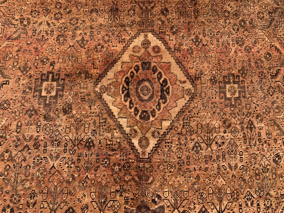 Handgemaakt Perzisch wollen vloerkleed 7x10 - Bruin, beige & ivoorkleurig vintage medaillon vloerkleed in Perzische stijl - Exacte afmeting 10'3" x 6'9" - KBHM-722