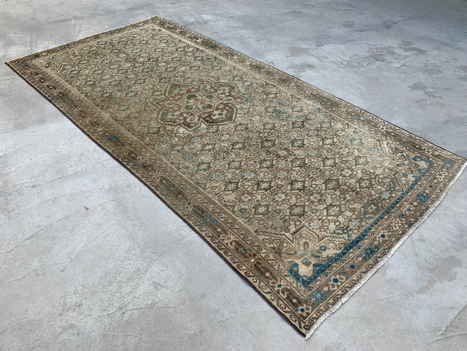 Handgemaakt Perzisch wollen vloerkleed 213x305 cm - Beige, bruin & zachtblauw vintage geometrisch medaillon Perzisch stijl kleed - Exacte afmetingen 335 cm x 165 cm - KBHM-723