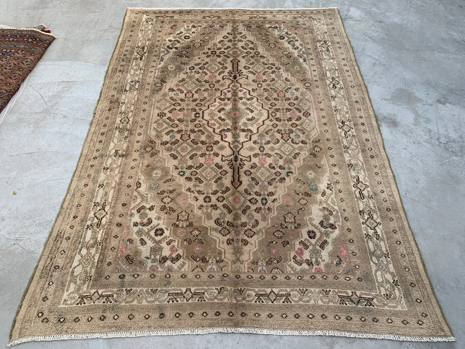 Handgemaakt Perzisch wollen vloerkleed 210x300 cm - Beige, taupe & zachtroze vintage medaillon Perzisch stijl kleed - Exacte afmetingen 297 cm x 206 cm - KBHM-725