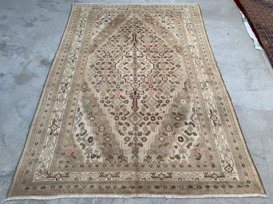 Handgemaakt Perzisch wollen vloerkleed 210x300 cm - Beige, taupe & zachtroze vintage medaillon Perzisch stijl kleed - Exacte afmetingen 297 cm x 206 cm - KBHM-725