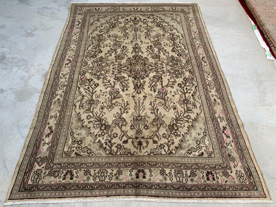 Handgemaakt Perzisch wollen vloerkleed 210x300 cm - Vintage Perzisch bloemmotief in beige, taupe en zachtroze - Exacte afmeting 299 cm x 210 cm - KBHM-726