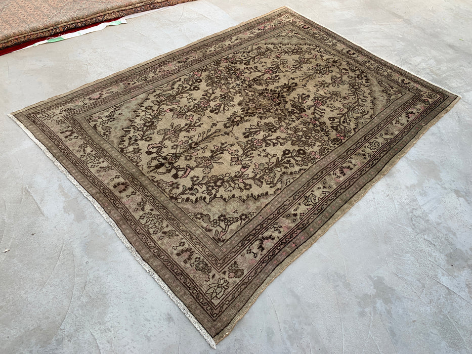 Handgemaakt Perzisch wollen vloerkleed 210x300 cm - Vintage Perzisch bloemmotief in beige, taupe en zachtroze - Exacte afmeting 299 cm x 210 cm - KBHM-726