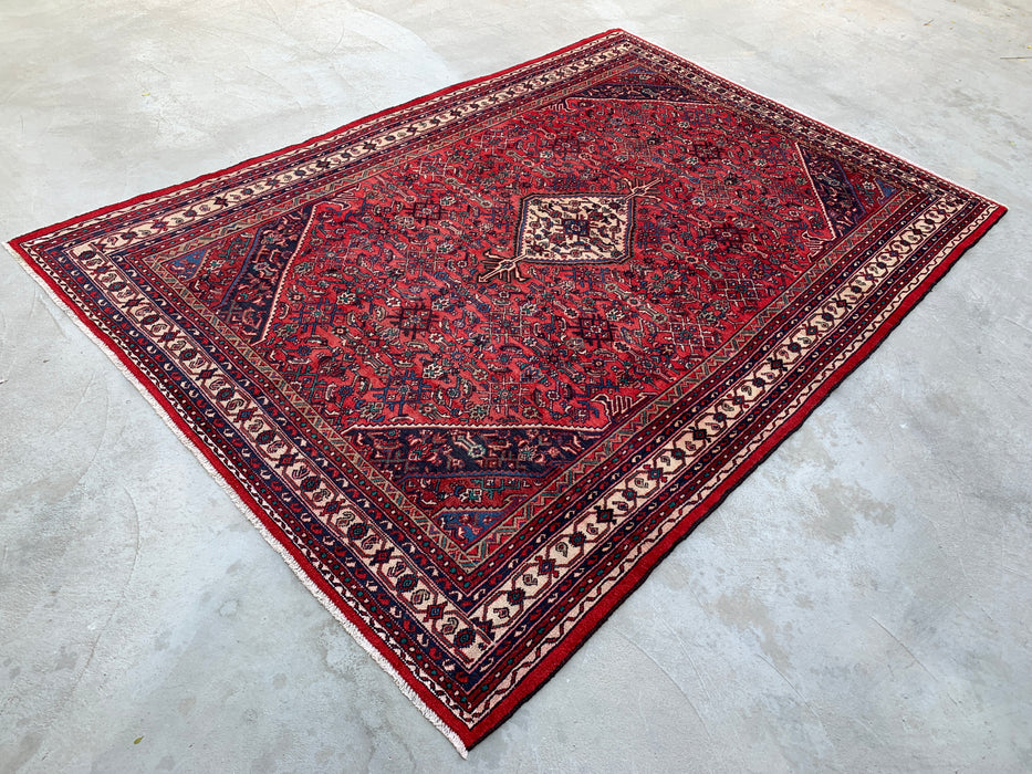 371 cm x 259 cm Handgeknoopt Perzisch wollen tapijt – Rood, marineblauw & ivoor tribaal medaillonontwerp – KBHM-727