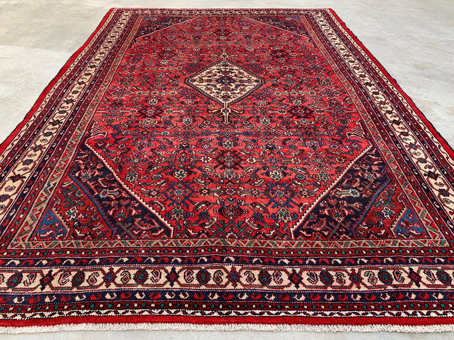 371 cm x 259 cm Handgeknoopt Perzisch wollen tapijt – Rood, marineblauw & ivoor tribaal medaillonontwerp – KBHM-727
