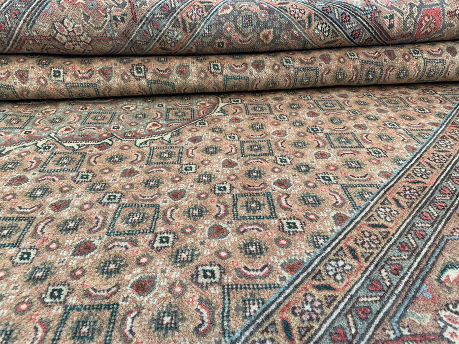Handgemaakt Perzisch wollen vloerkleed 213x305 cm - Beige, taupe & zachtblauw vintage medaillon Perzisch stijl tapijt - Exacte afmeting 277 cm x 193 cm - KBHM-728