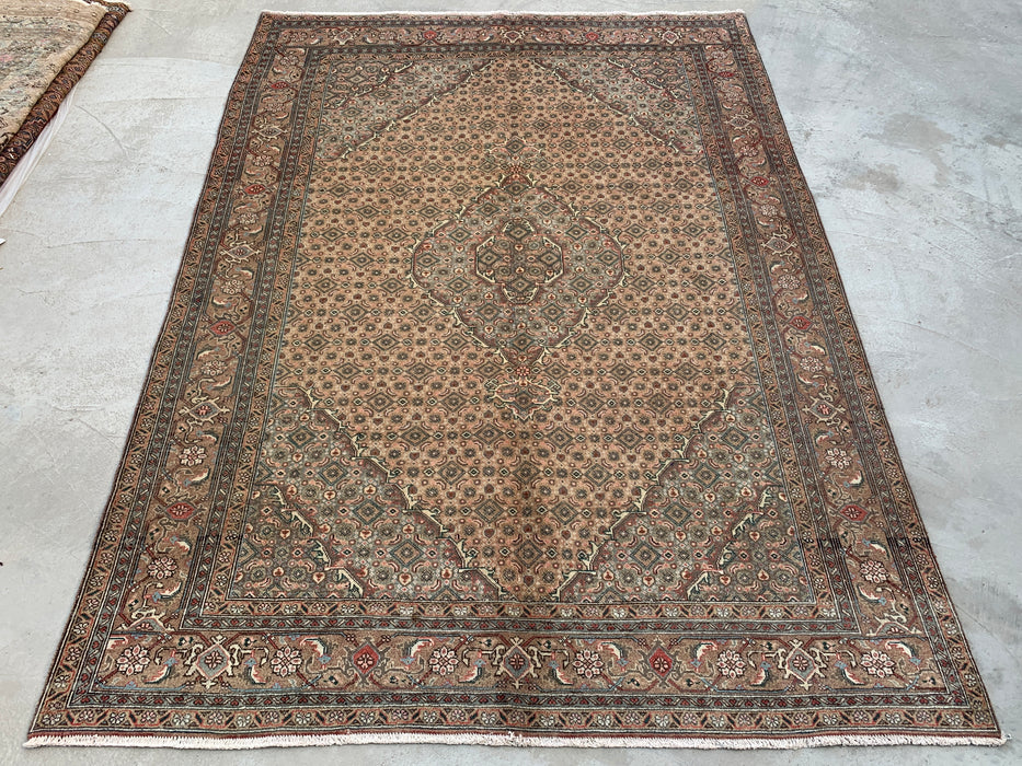 Handgemaakt Perzisch wollen vloerkleed 213x305 cm - Beige, taupe & zachtblauw vintage medaillon Perzisch stijl tapijt - Exacte afmeting 277 cm x 193 cm - KBHM-728