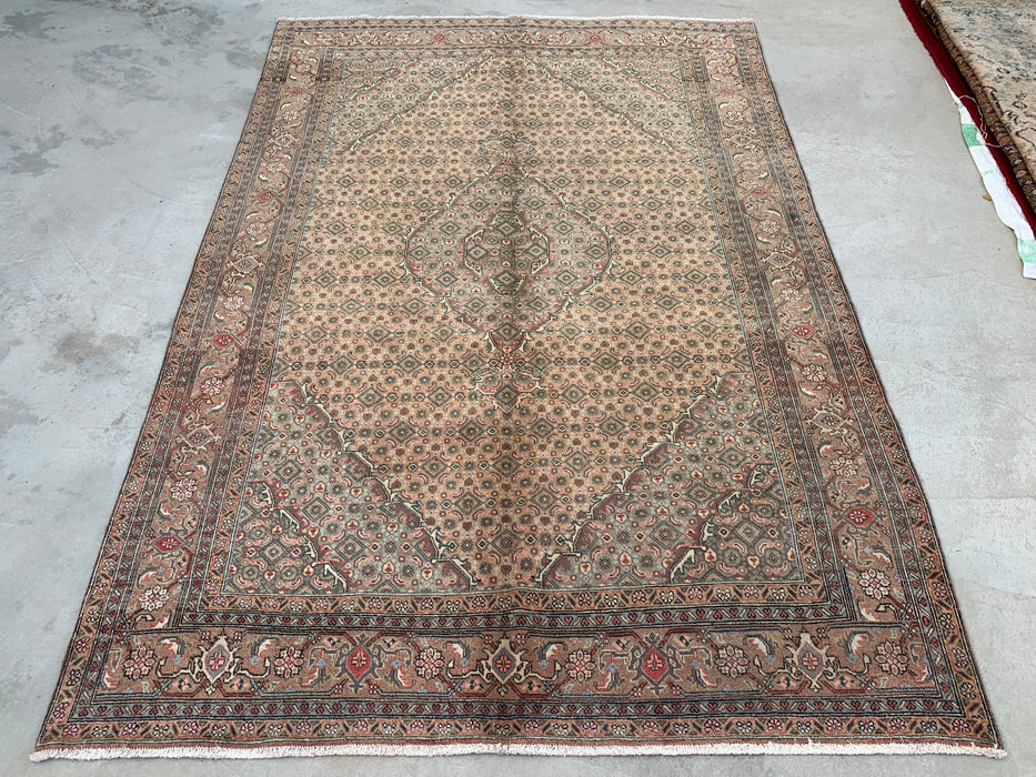 Handgemaakt Perzisch wollen vloerkleed 213x305 cm - Beige, taupe & zachtblauw vintage medaillon Perzisch stijl tapijt - Exacte afmeting 277 cm x 193 cm - KBHM-728