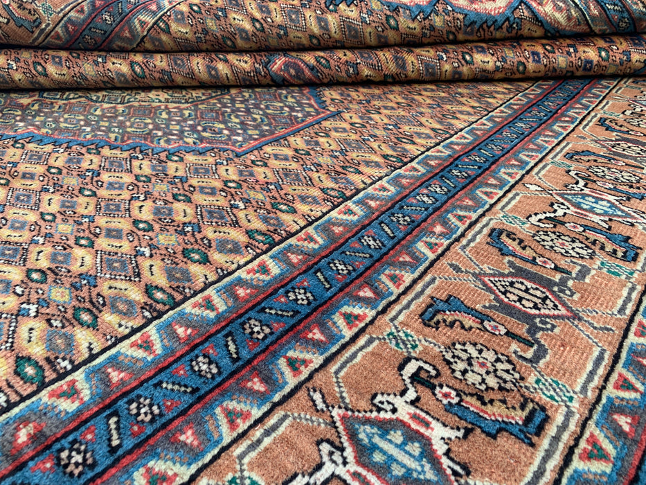 Handgemaakt Perzisch wollen vloerkleed 7x10 - Beige, blauw & bruin vintage medaillon Perzisch stijl tapijt - Exacte maat 9'4" x 6'3" - KBHM-729