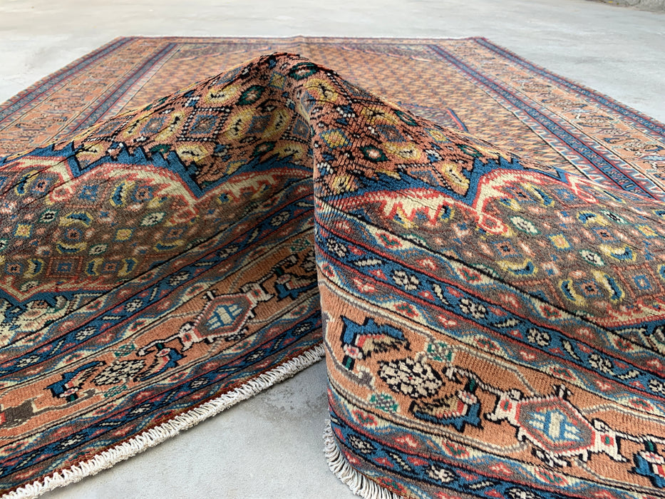 Handgemaakt Perzisch wollen vloerkleed 7x10 - Beige, blauw & bruin vintage medaillon Perzisch stijl tapijt - Exacte maat 9'4" x 6'3" - KBHM-729