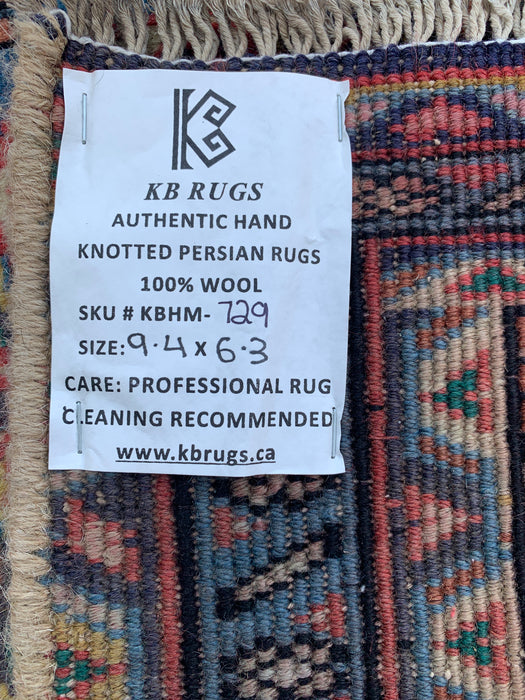 Handgemaakt Perzisch wollen vloerkleed 7x10 - Beige, blauw & bruin vintage medaillon Perzisch stijl tapijt - Exacte maat 9'4" x 6'3" - KBHM-729