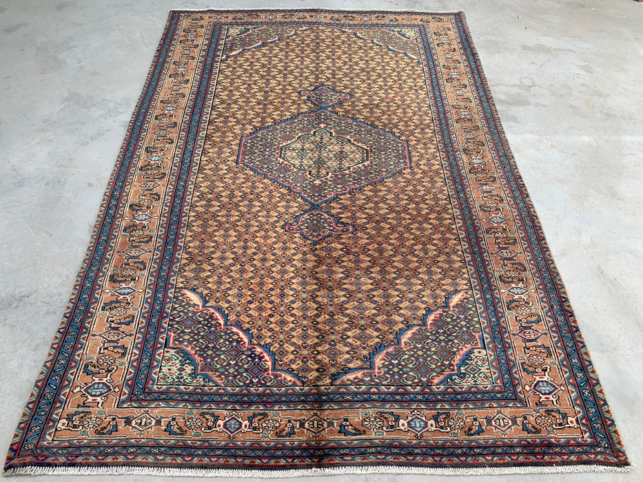 Handgemaakt Perzisch wollen vloerkleed 7x10 - Beige, blauw & bruin vintage medaillon Perzisch stijl tapijt - Exacte maat 9'4" x 6'3" - KBHM-729