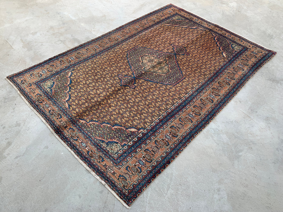 Handgemaakt Perzisch wollen vloerkleed 7x10 - Beige, blauw & bruin vintage medaillon Perzisch stijl tapijt - Exacte maat 9'4" x 6'3" - KBHM-729