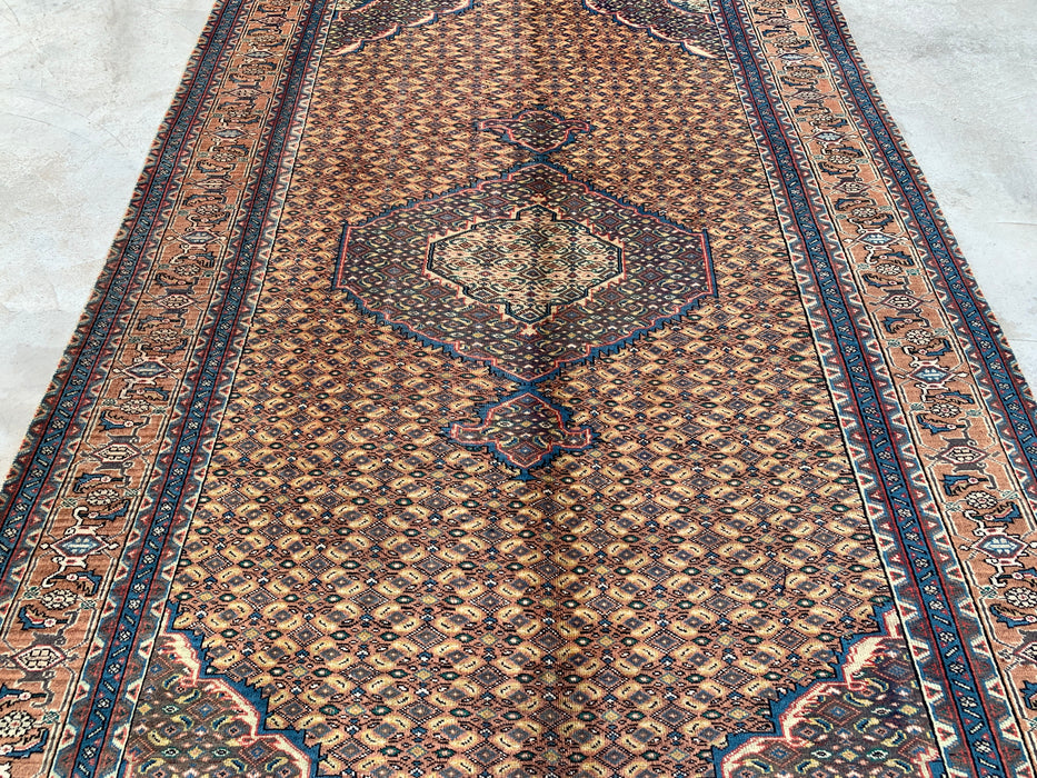 Handgemaakt Perzisch wollen vloerkleed 7x10 - Beige, blauw & bruin vintage medaillon Perzisch stijl tapijt - Exacte maat 9'4" x 6'3" - KBHM-729