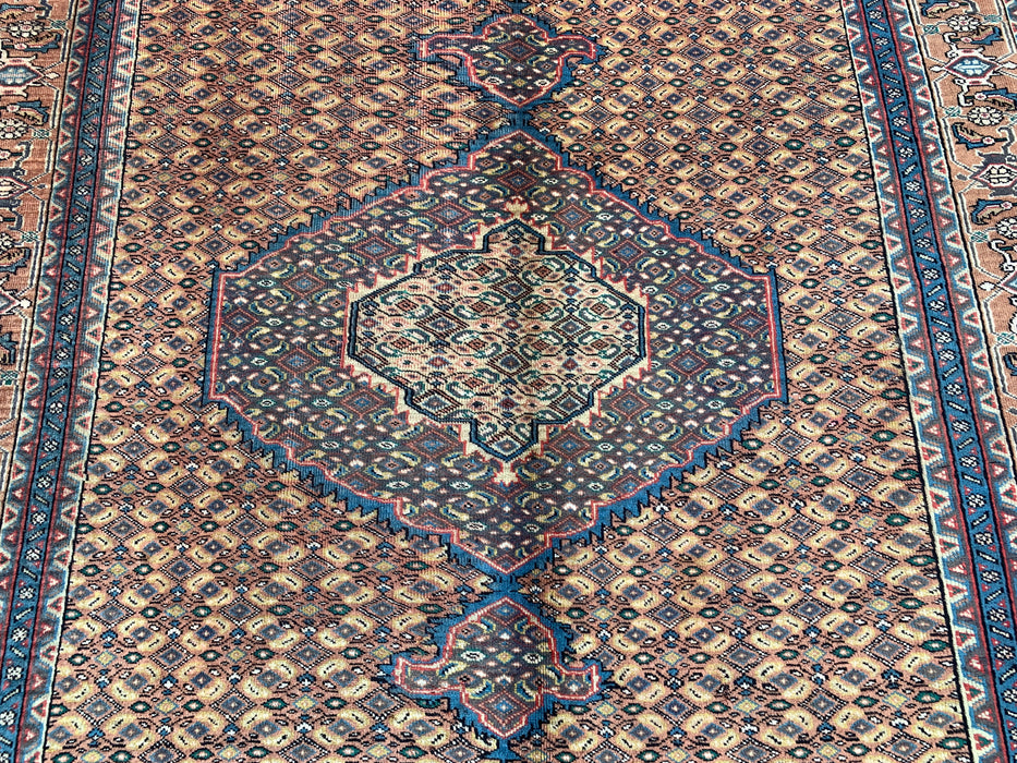 Handgemaakt Perzisch wollen vloerkleed 7x10 - Beige, blauw & bruin vintage medaillon Perzisch stijl tapijt - Exacte maat 9'4" x 6'3" - KBHM-729