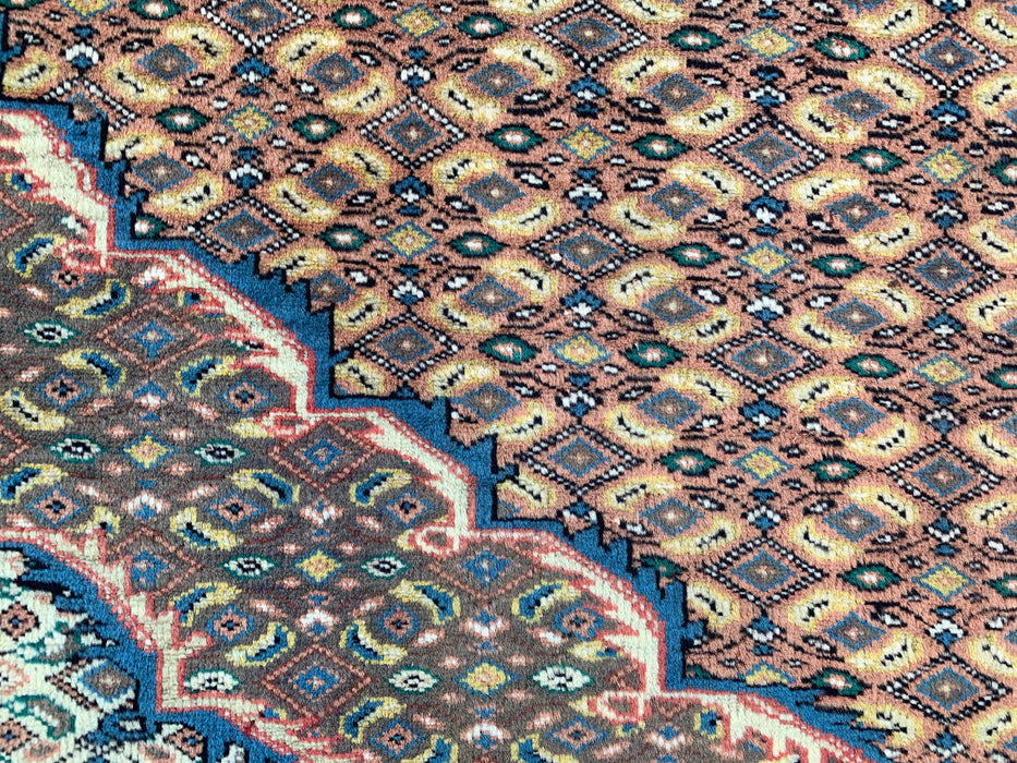 Handgemaakt Perzisch wollen vloerkleed 7x10 - Beige, blauw & bruin vintage medaillon Perzisch stijl tapijt - Exacte maat 9'4" x 6'3" - KBHM-729