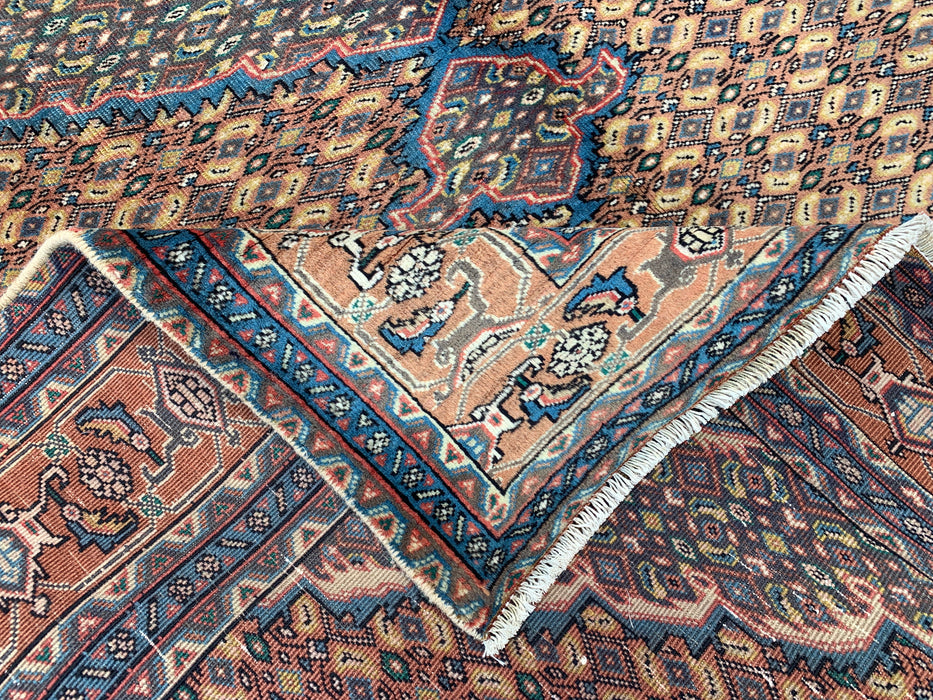 Handgemaakt Perzisch wollen vloerkleed 7x10 - Beige, blauw & bruin vintage medaillon Perzisch stijl tapijt - Exacte maat 9'4" x 6'3" - KBHM-729