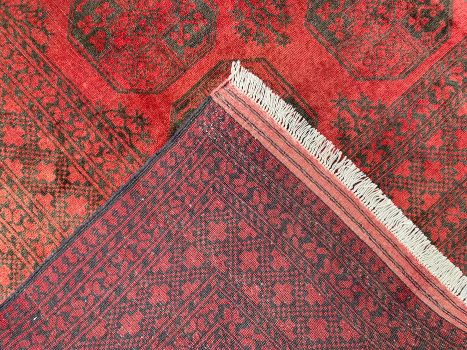 Handgemaakt Perzisch wollen vloerkleed 7x10 - Rood & zwart tribaal geometrisch medaillon Perzisch stijl kleed - Exacte afmeting 9'2" x 6'6" - KBHM-731