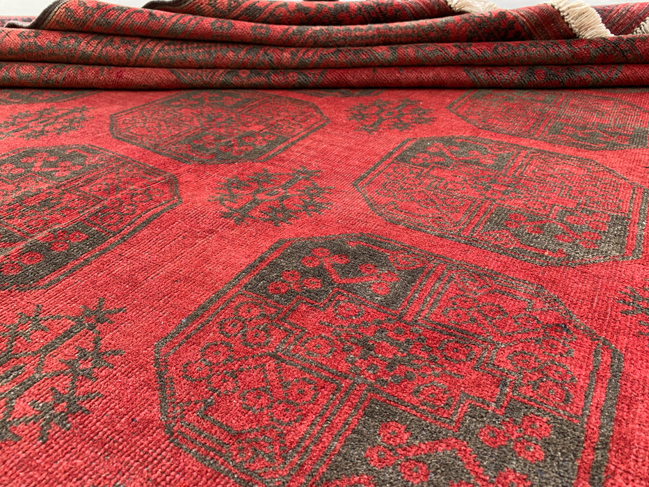 Handgemaakt Perzisch wollen vloerkleed 7x10 - Rood & zwart tribaal geometrisch medaillon Perzisch stijl kleed - Exacte afmeting 9'2" x 6'6" - KBHM-731