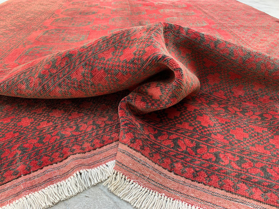Handgemaakt Perzisch wollen vloerkleed 7x10 - Rood & zwart tribaal geometrisch medaillon Perzisch stijl kleed - Exacte afmeting 9'2" x 6'6" - KBHM-731