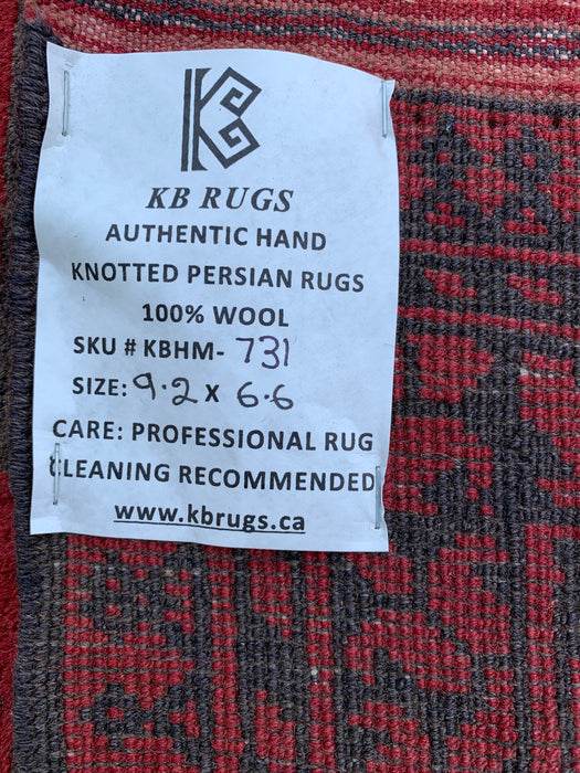 Handgemaakt Perzisch wollen vloerkleed 7x10 - Rood & zwart tribaal geometrisch medaillon Perzisch stijl kleed - Exacte afmeting 9'2" x 6'6" - KBHM-731
