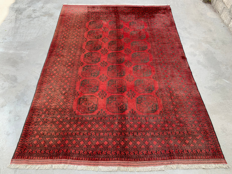 Handgemaakt Perzisch wollen vloerkleed 7x10 - Rood & zwart tribaal geometrisch medaillon Perzisch stijl kleed - Exacte afmeting 9'2" x 6'6" - KBHM-731