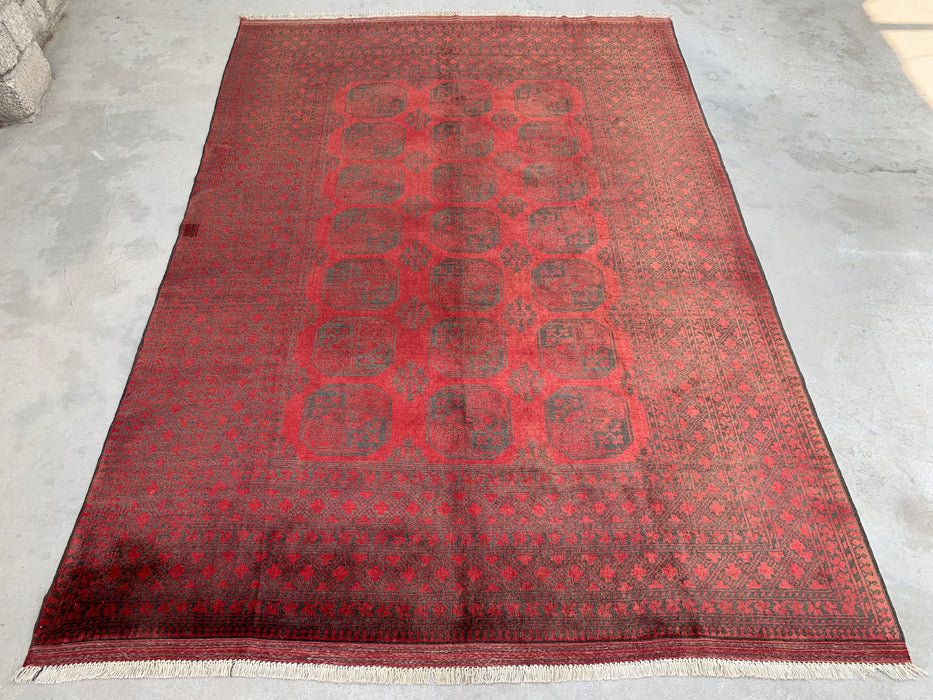 Handgemaakt Perzisch wollen vloerkleed 7x10 - Rood & zwart tribaal geometrisch medaillon Perzisch stijl kleed - Exacte afmeting 9'2" x 6'6" - KBHM-731