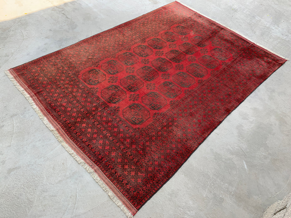 Handgemaakt Perzisch wollen vloerkleed 7x10 - Rood & zwart tribaal geometrisch medaillon Perzisch stijl kleed - Exacte afmeting 9'2" x 6'6" - KBHM-731