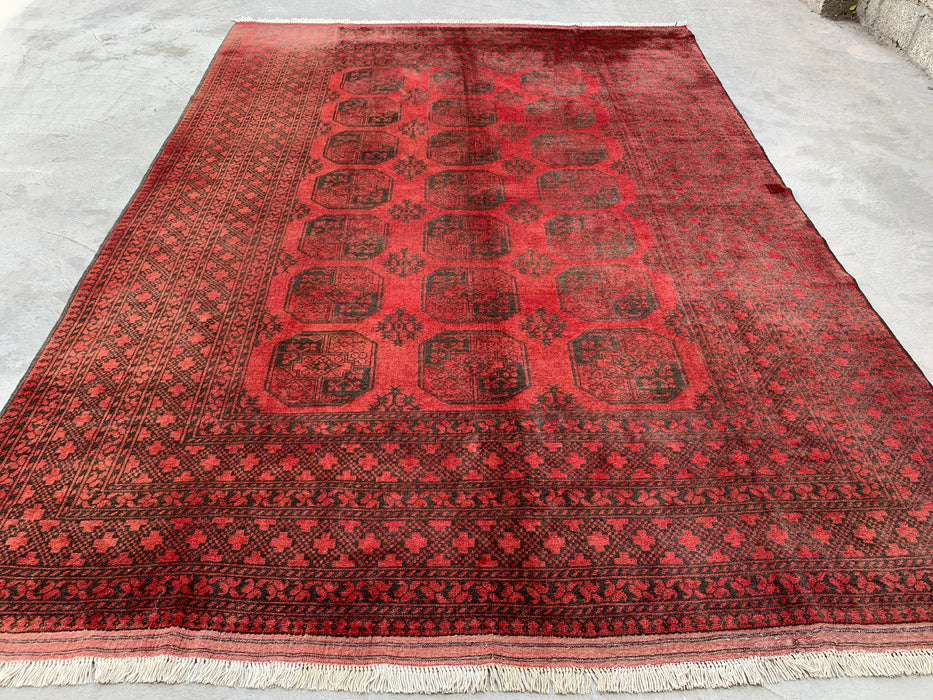 Handgemaakt Perzisch wollen vloerkleed 7x10 - Rood & zwart tribaal geometrisch medaillon Perzisch stijl kleed - Exacte afmeting 9'2" x 6'6" - KBHM-731