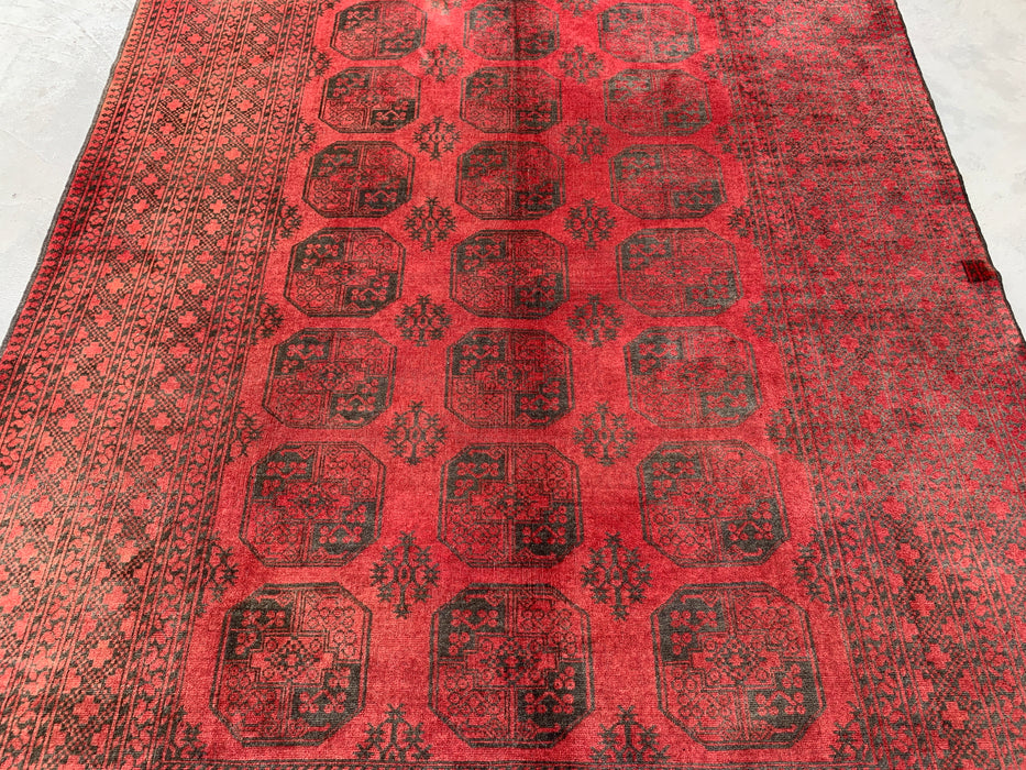 Handgemaakt Perzisch wollen vloerkleed 7x10 - Rood & zwart tribaal geometrisch medaillon Perzisch stijl kleed - Exacte afmeting 9'2" x 6'6" - KBHM-731