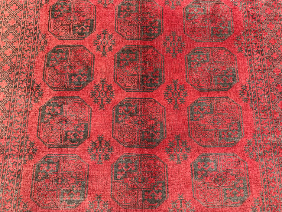 Handgemaakt Perzisch wollen vloerkleed 7x10 - Rood & zwart tribaal geometrisch medaillon Perzisch stijl kleed - Exacte afmeting 9'2" x 6'6" - KBHM-731