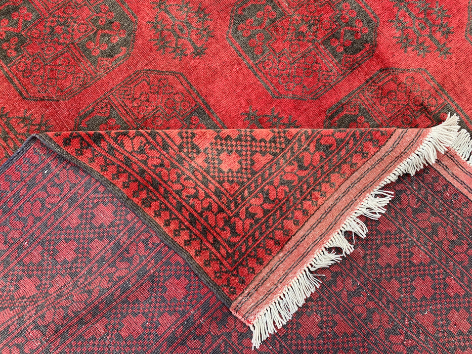 Handgemaakt Perzisch wollen vloerkleed 7x10 - Rood & zwart tribaal geometrisch medaillon Perzisch stijl kleed - Exacte afmeting 9'2" x 6'6" - KBHM-731
