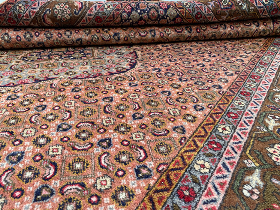 Handgemaakt Perzisch wollen vloerkleed 7x10 - Roze, bruin & ivoor vintage medaillon Perzisch stijl kleed - Exacte afmeting 9'6" x 6'2" - KBHM-732