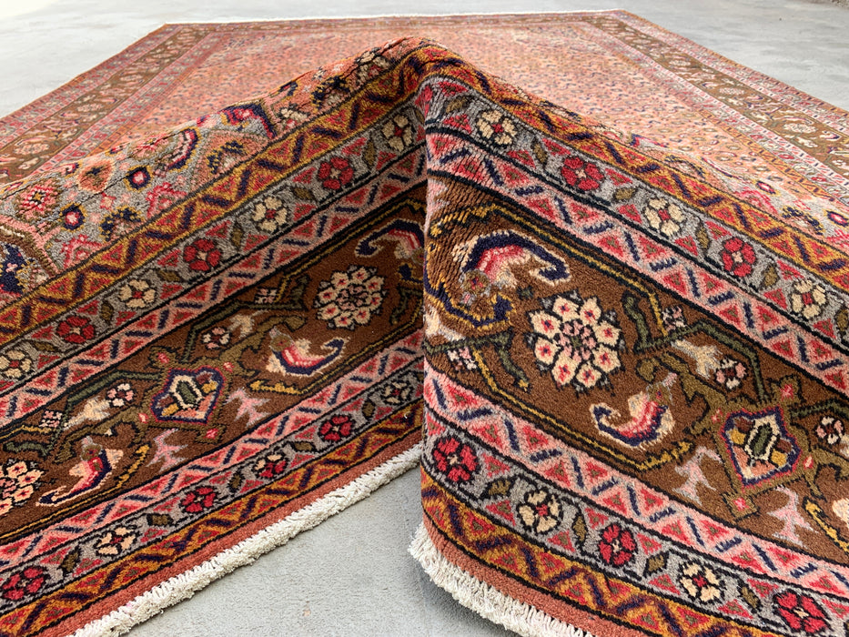 Handgemaakt Perzisch wollen vloerkleed 7x10 - Roze, bruin & ivoor vintage medaillon Perzisch stijl kleed - Exacte afmeting 9'6" x 6'2" - KBHM-732