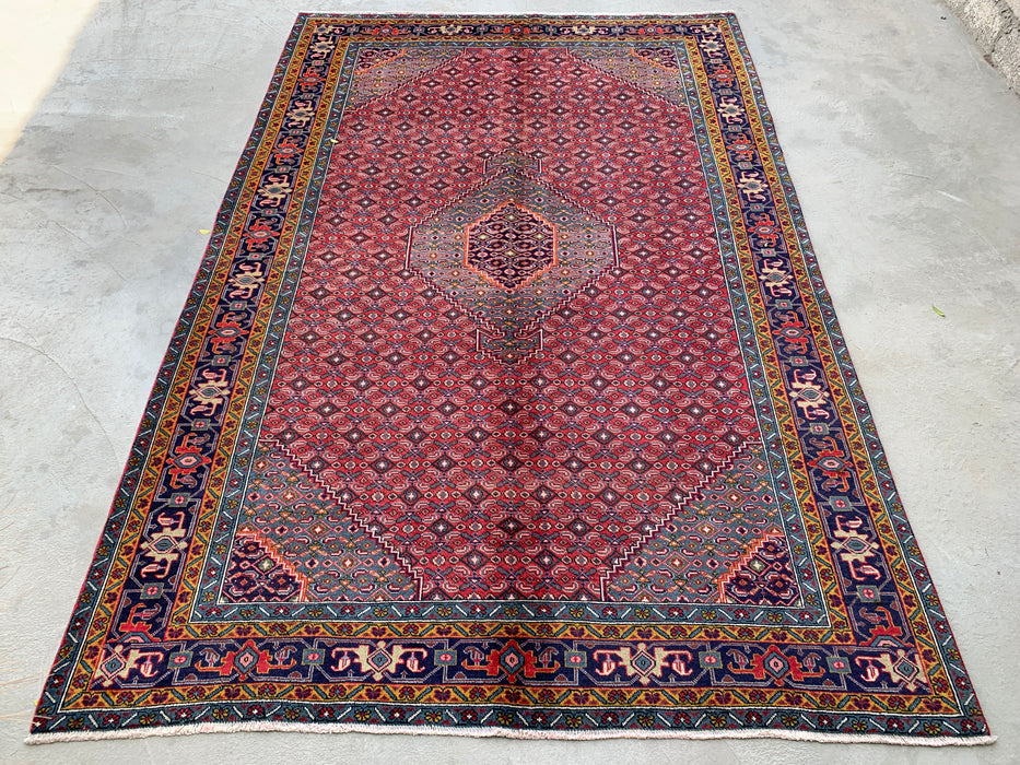 Handgeweven Perzisch wollen vloerkleed 7x10 - Rood, blauw & ivoor vintage medaillon Perzische stijl vloerkleed - Exacte afmeting 287 cm x 191 cm - KBHM-733