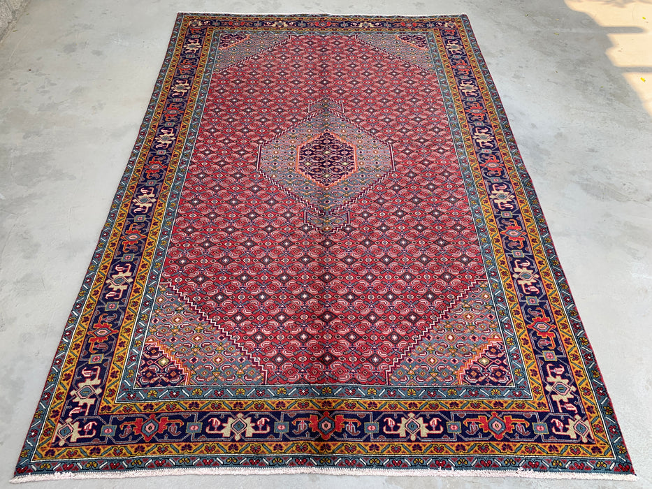 Handgeweven Perzisch wollen vloerkleed 7x10 - Rood, blauw & ivoor vintage medaillon Perzische stijl vloerkleed - Exacte afmeting 287 cm x 191 cm - KBHM-733